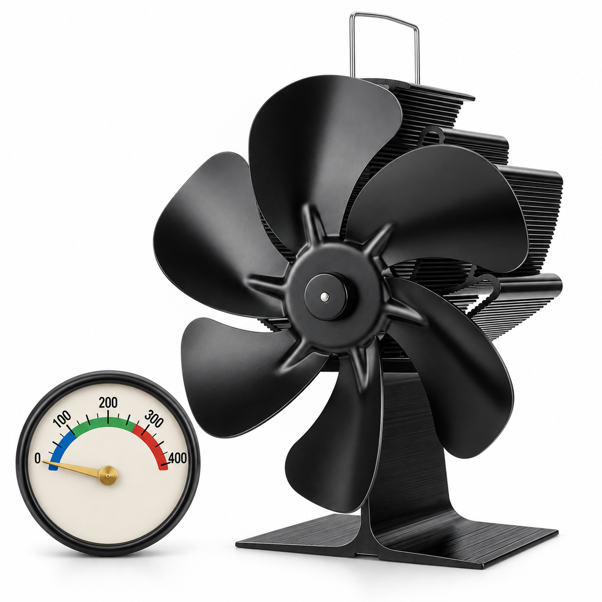 Kaminventilator mit Ofenthermometer auf weißem Hintergrund