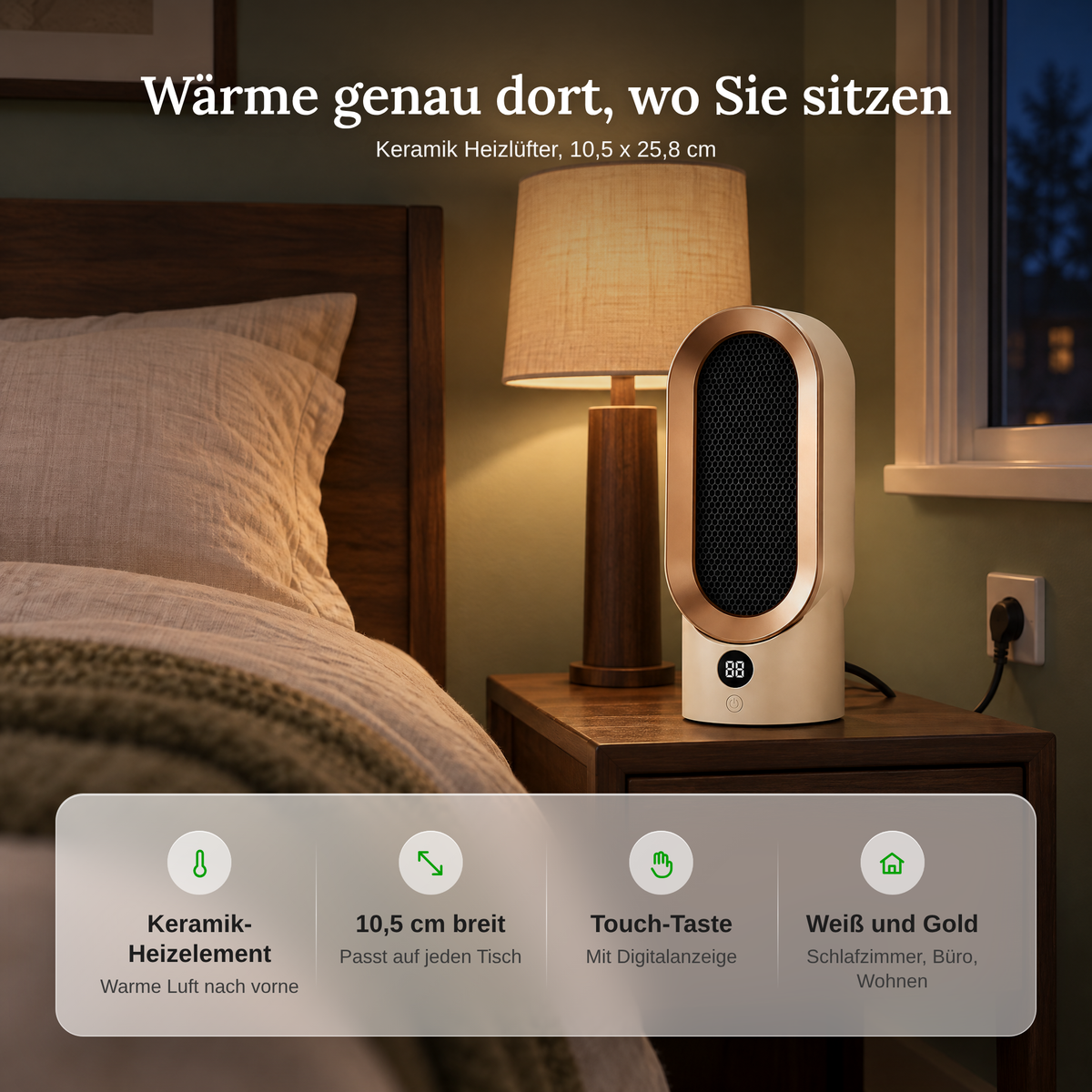 Vorteile des Keramik Heizlüfters: Keramik-Heizelement, 10,5 cm breit, Touch-Taste mit Digitalanzeige, Weiß und Gold