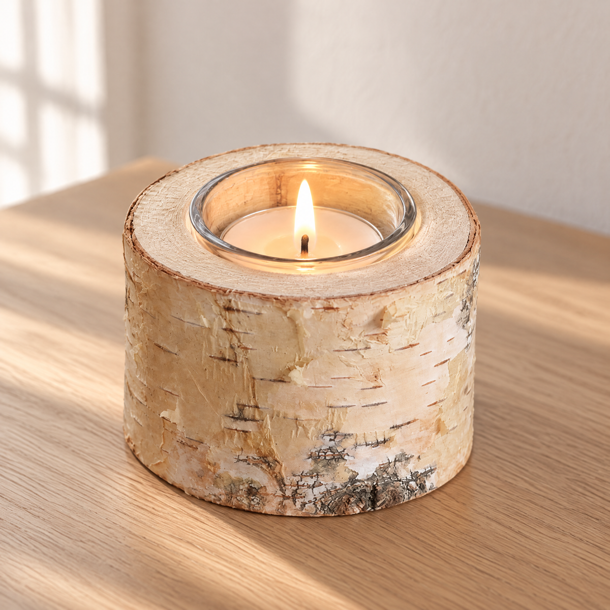 Kerzenhalter aus Birkenholz, 5 cm hoch, mit Glaseinsatz und brennendem Teelicht auf einem Eichen-Sideboard