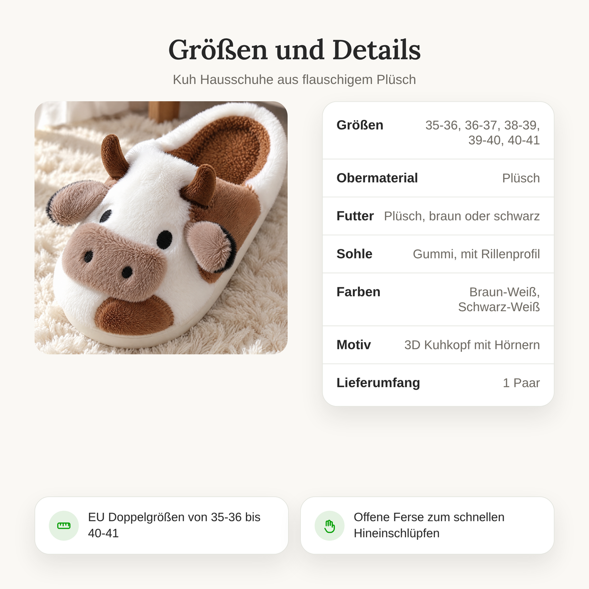 Größen und Details der Kuh Hausschuhe: Größen 35-36 bis 40-41, Farben Braun-Weiß und Schwarz-Weiß, Plüsch, Gummisohle mit Rillenprofil