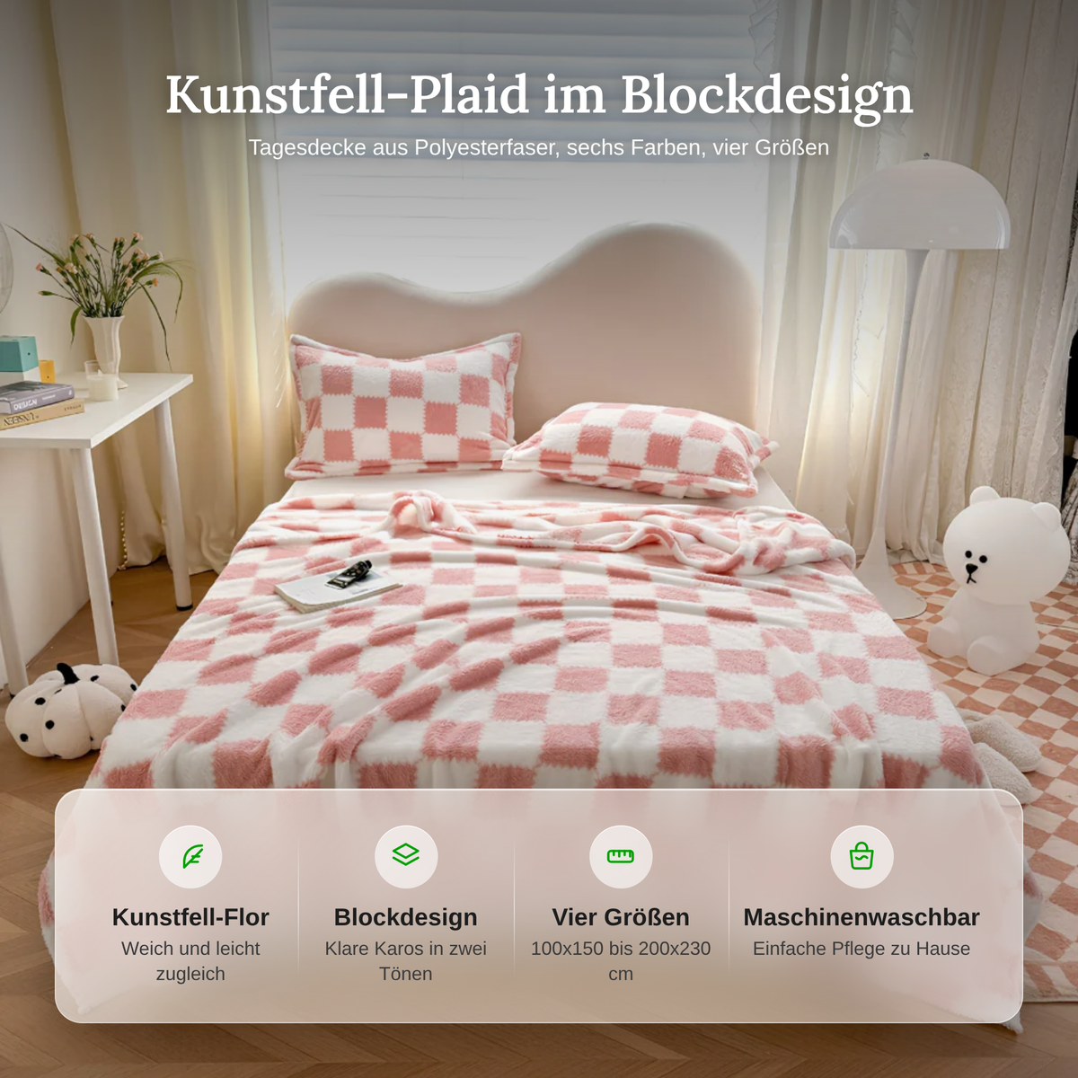 Merkmale des Kunstfell-Plaids: weicher Flor, Blockdesign, vier Größen und maschinenwaschbar