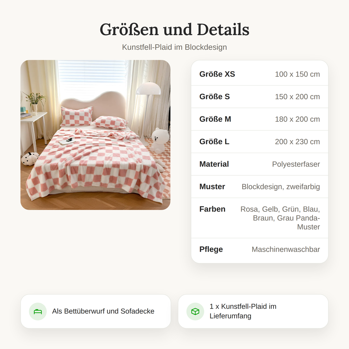 Größentabelle des Kunstfell-Plaids im Blockdesign mit Maßen und Material