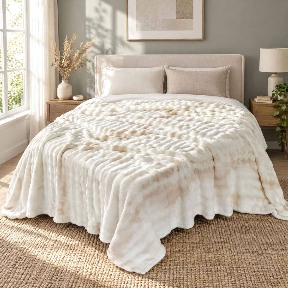 Cremefarbene Plüschdecke im Batik-Design über einem gemachten Doppelbett