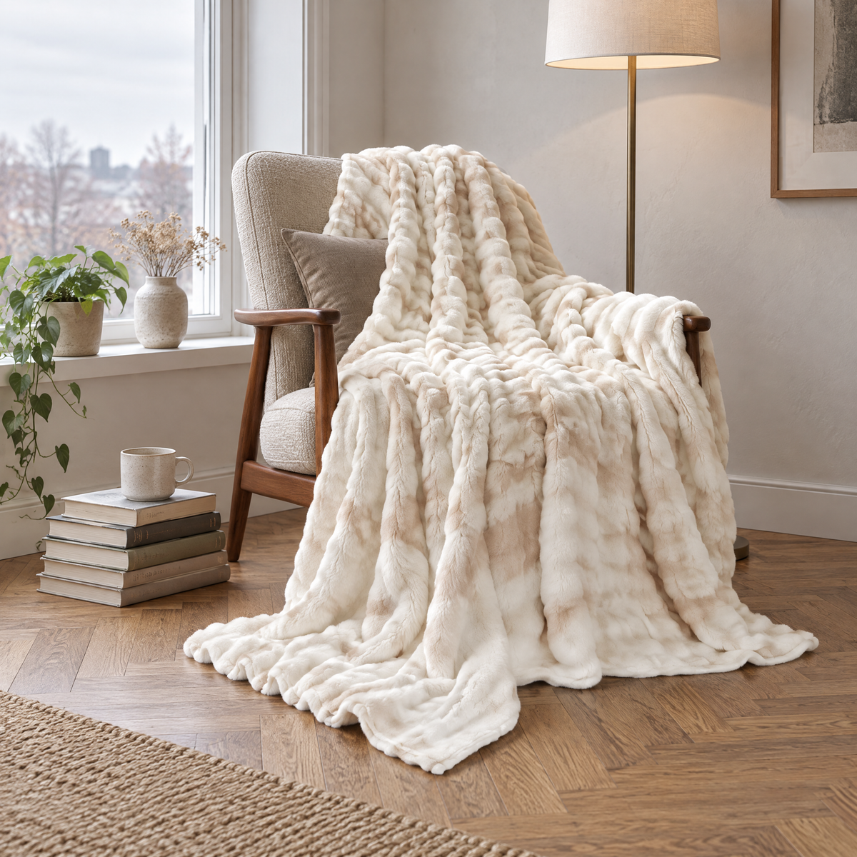 Dicke Kuscheldecke im Batik-Design über einem Sessel in der Leseecke