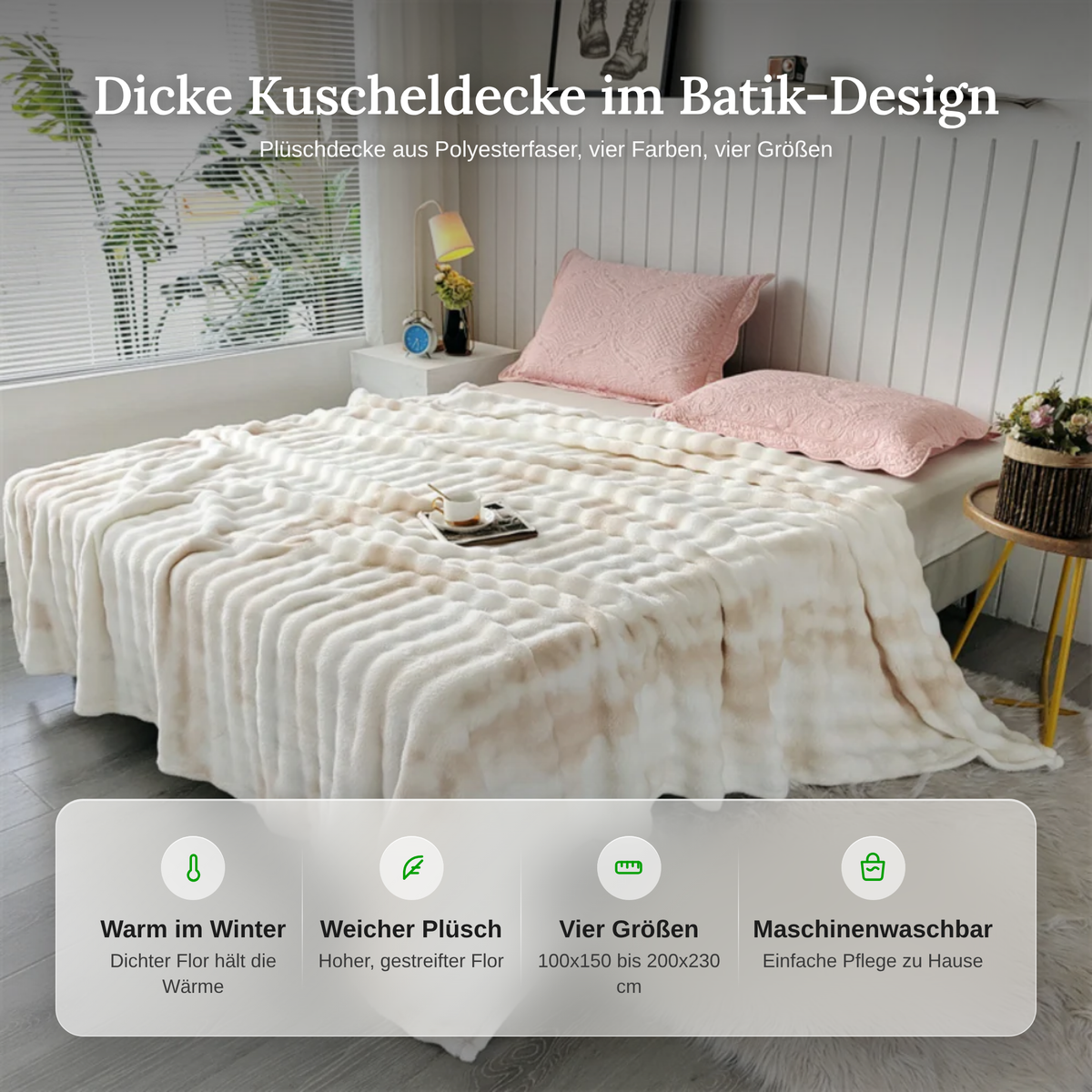 Merkmale der Kuscheldecke: warm im Winter, weicher Plüsch, vier Größen und maschinenwaschbar