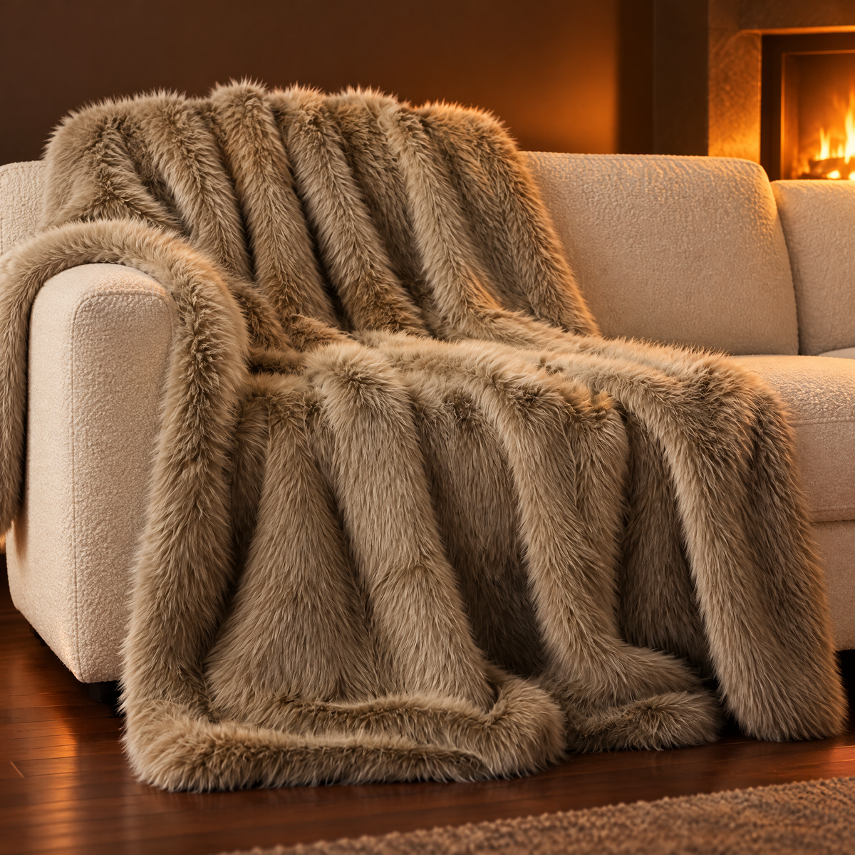 Kuscheldecke aus Kunstfell in Beige auf einem cremefarbenen Sofa am Kamin