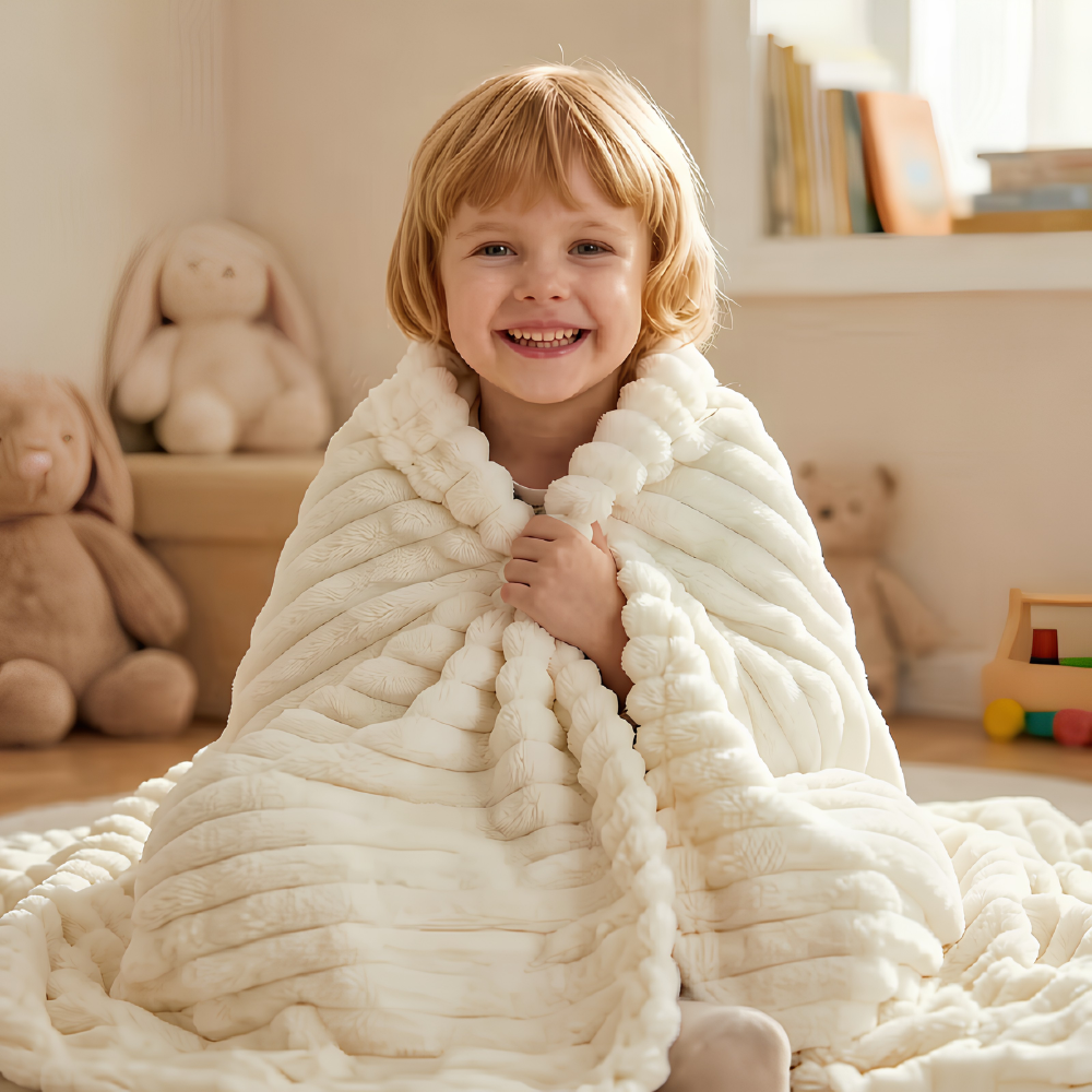 Kind eingehüllt in eine cremefarbene Kuscheldecke aus Kunstfell mit Rippenstruktur