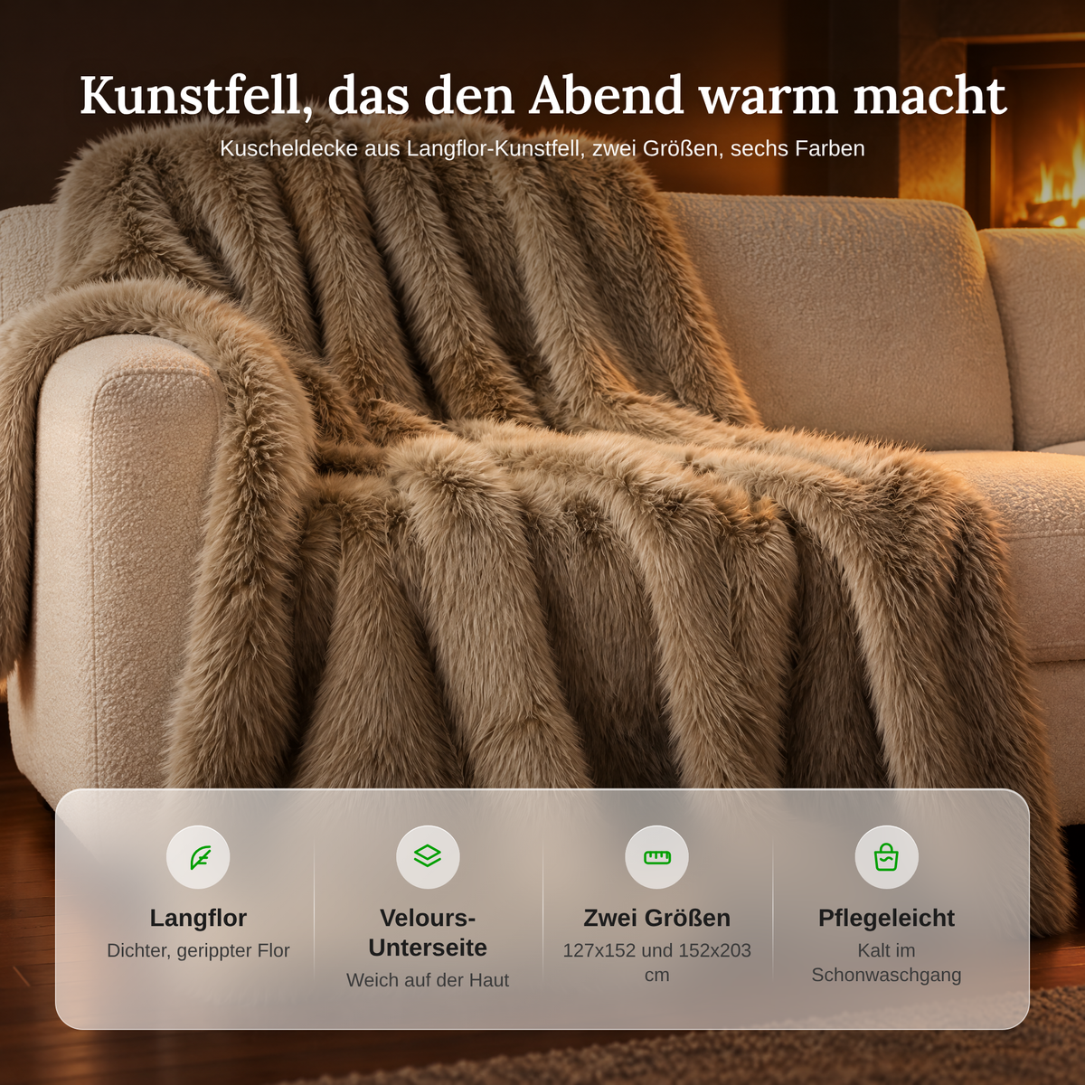 Vorteile der Kuscheldecke aus Kunstfell: Langflor, Velours-Unterseite, zwei Größen, pflegeleicht