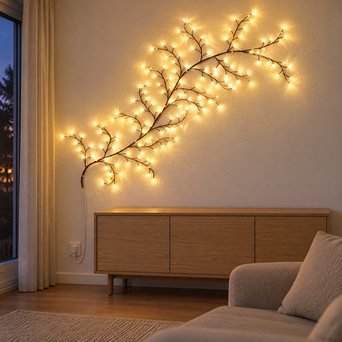 LED Lichterbaum mit warmweiß leuchtenden Zweigen an der weißen Wohnzimmerwand über einem hellen Holzsideboard