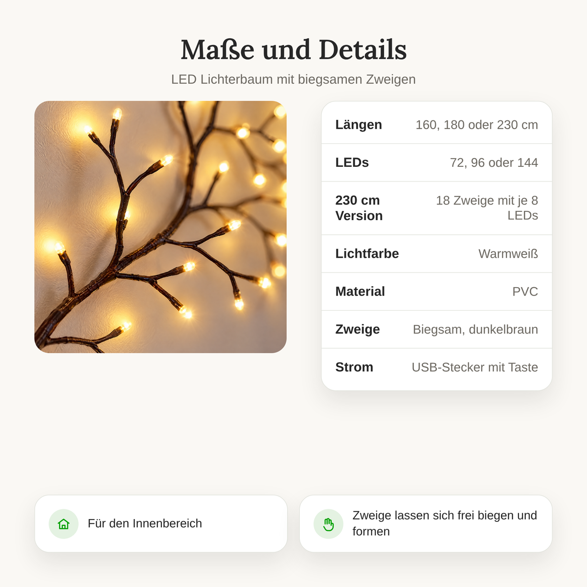 Maße und Details des LED Lichterbaums: 160, 180 oder 230 cm lang, 72, 96 oder 144 LEDs, PVC, USB-Stecker