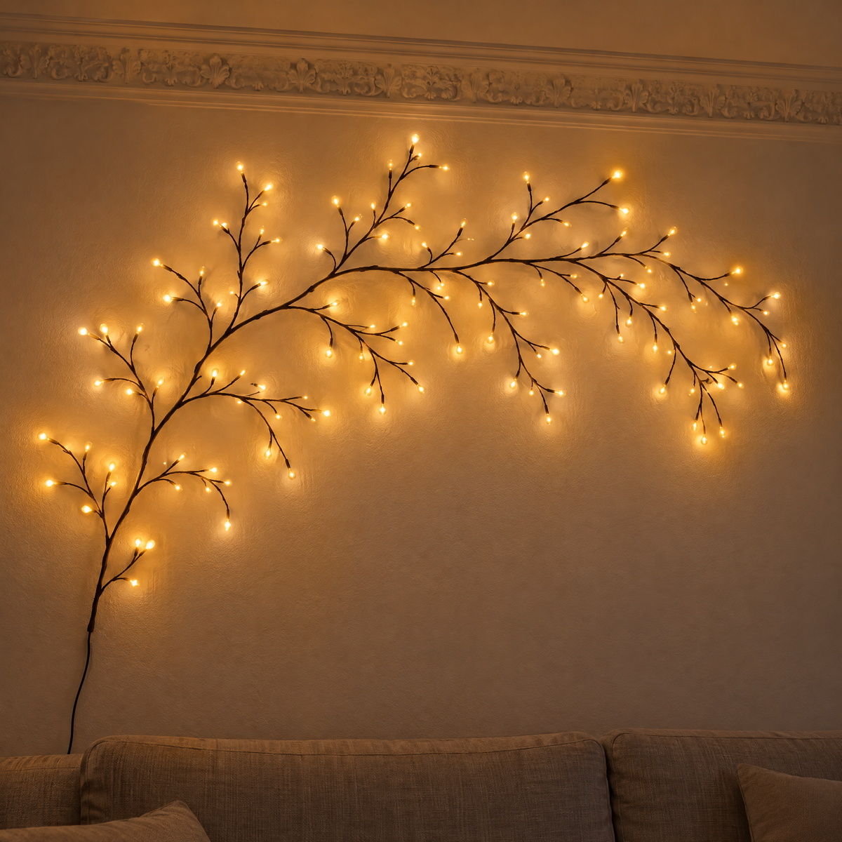 LED Lichterkette mit Zweigen als Wanddeko über dem Sofa im Altbau Wohnzimmer, warmweiß leuchtend am Abend