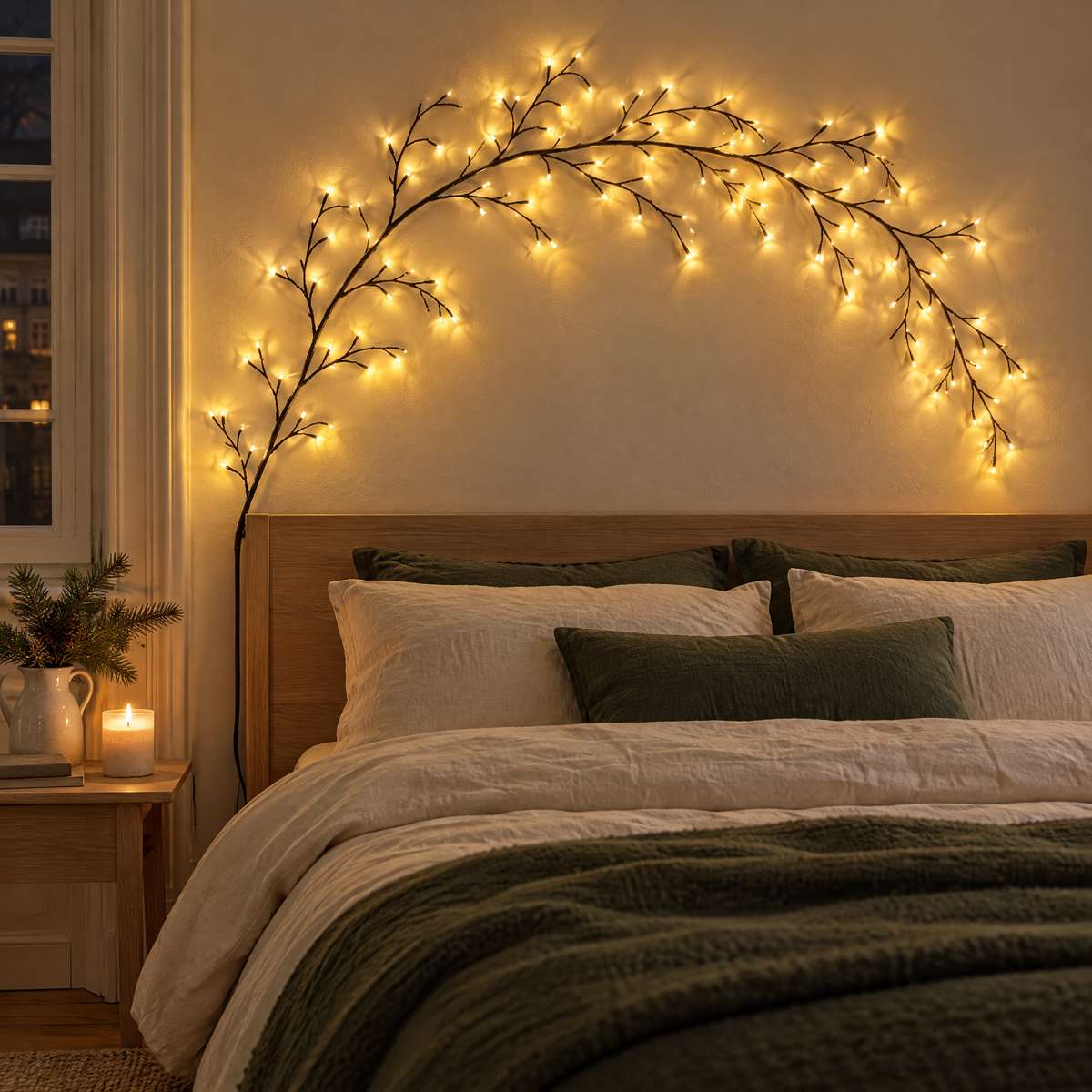 LED Lichterkette mit biegsamen Zweigen als Bogen über dem Bett im Schlafzimmer, warmweißes Licht am Abend