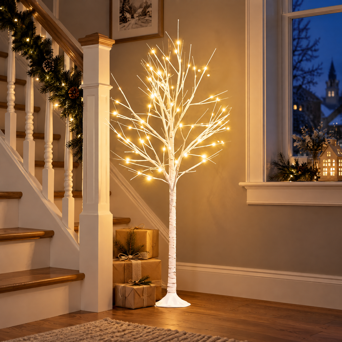 Weißer LED Baum in Birkenoptik neben der Treppe mit Geschenken am Fuß, warmweiß leuchtend