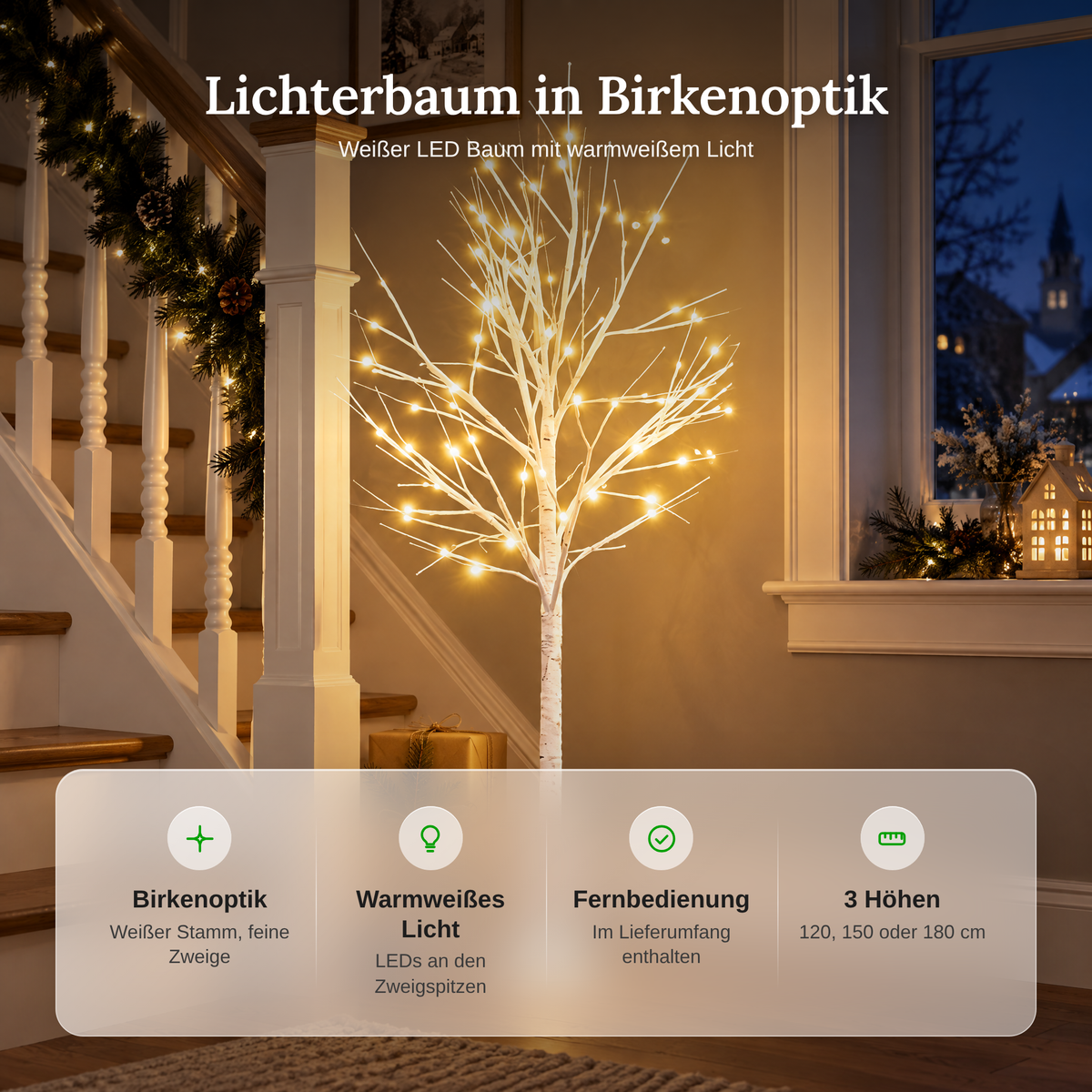 Vorteile des Lichterbaums: Birkenoptik, warmweiße LEDs an den Zweigspitzen, Fernbedienung, 3 Höhen 120, 150 oder 180 cm