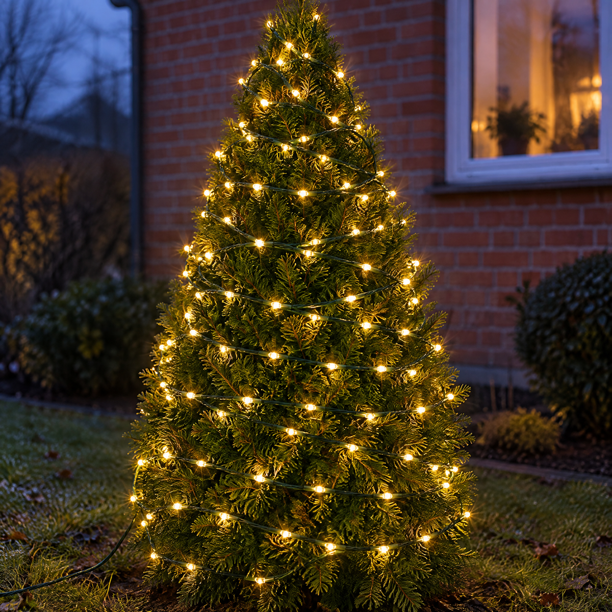 Lichterkette außen warmweiß an einer Thuja im Vorgarten am Abend, grünes Kabel zwischen den Zweigen