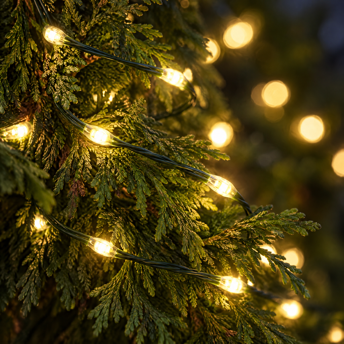 Nahaufnahme der Lichterkette außen: warmweiße LEDs am grünen PVC Kabel zwischen Thujazweigen
