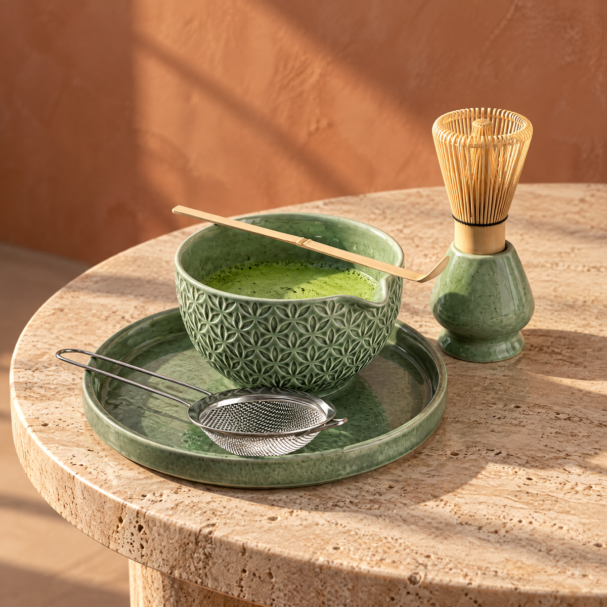 Matcha Set 6-teilig mit Keramikteller auf einem Travertin-Couchtisch