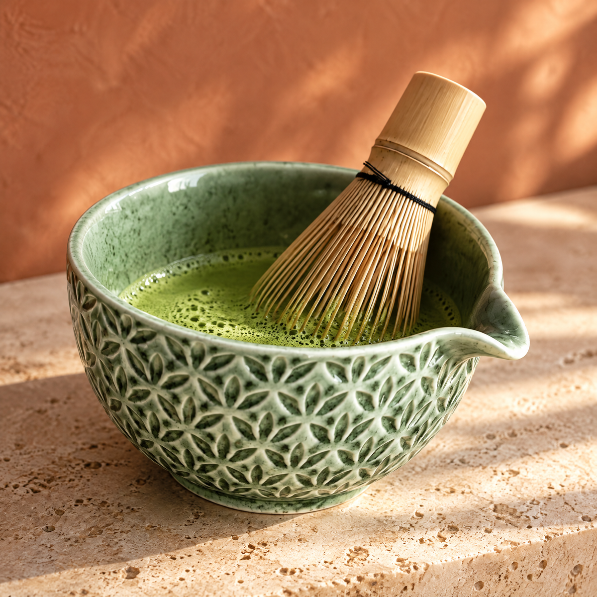 Detail: grüne Matcha Schale mit Reliefmuster und Bambusbesen im Matcha