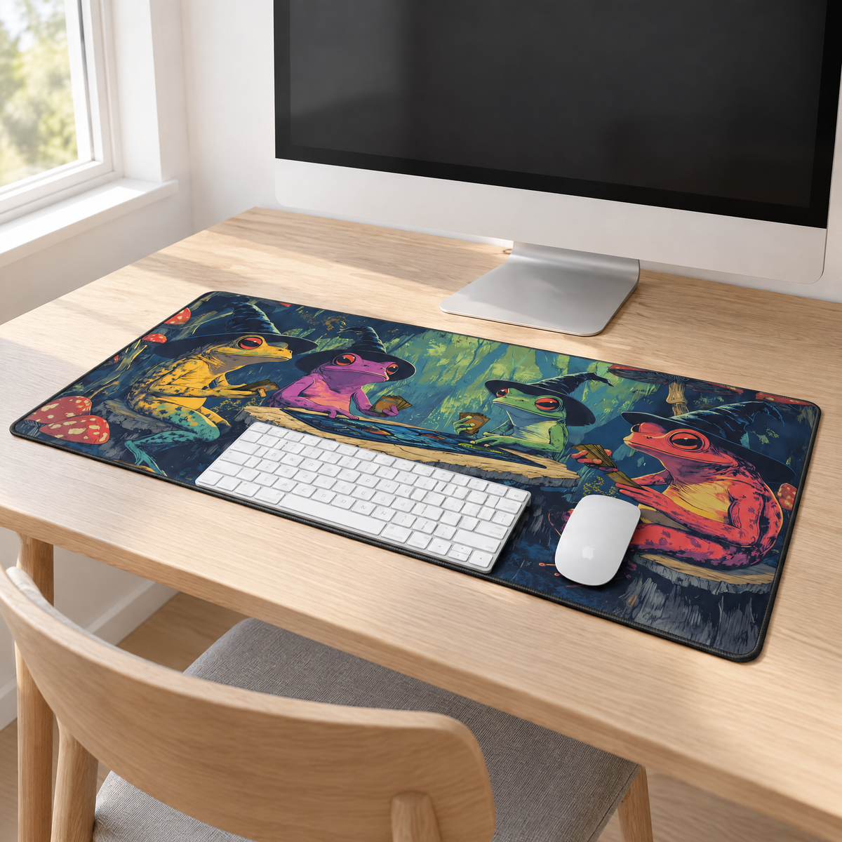 Schreibtischunterlage mit Fantasy-Motiv im hellen Arbeitszimmer vor dem Monitor
