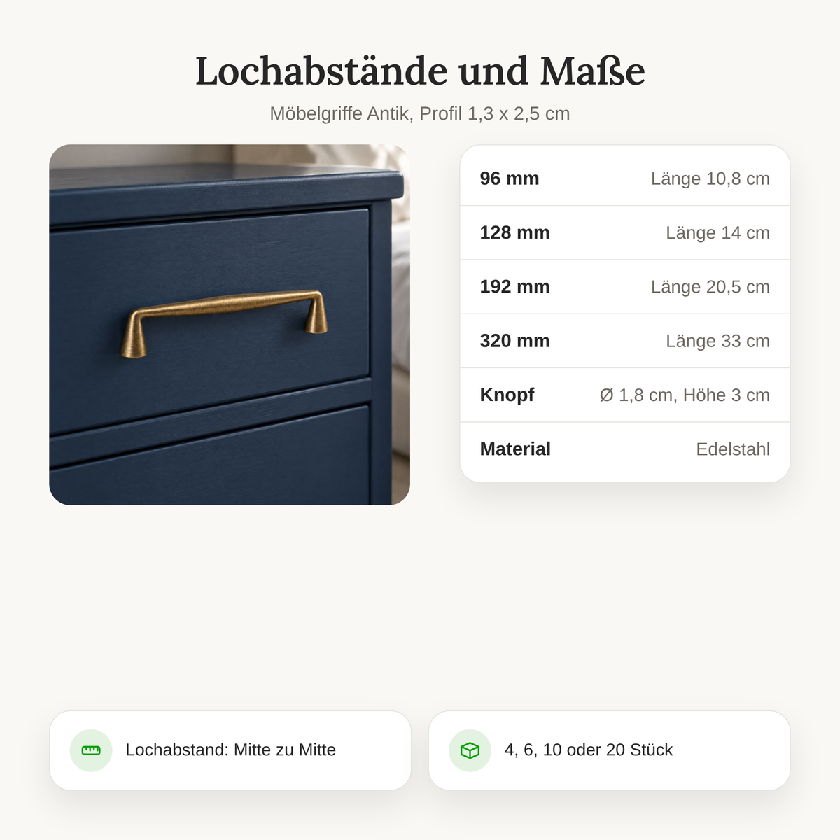Lochabstände und Maße der Möbelgriffe Antik von 96 bis 320 mm und Knopf Ø 1,8 cm