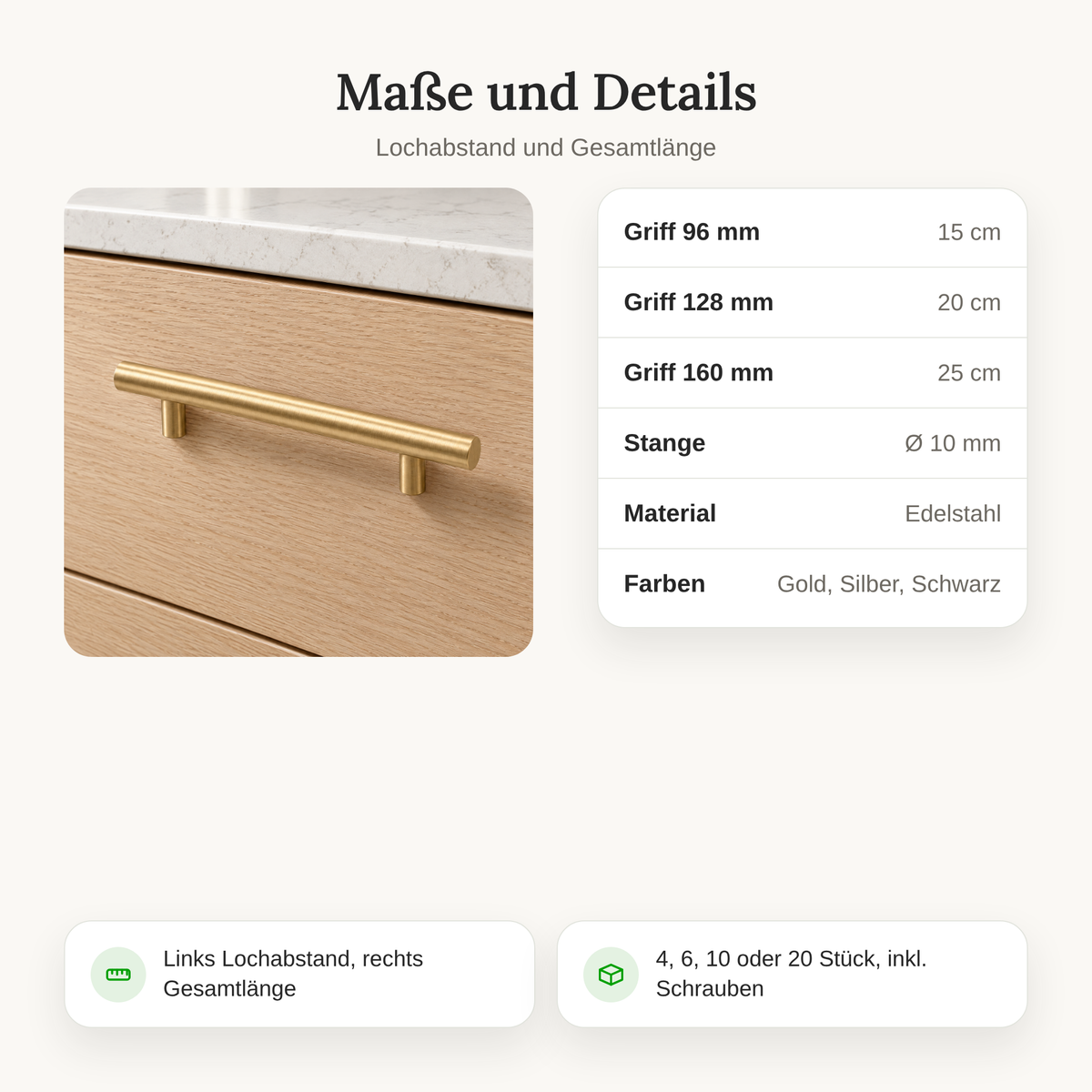 Maße der T-Bar Möbelgriffe: Lochabstand 96, 128 und 160 mm, Länge 15, 20 und 25 cm