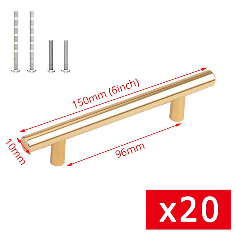 Maßzeichnung T-Bar Griff in Gold: Lochabstand 96 mm, Länge 150 mm, Ø 10 mm, mit Schrauben