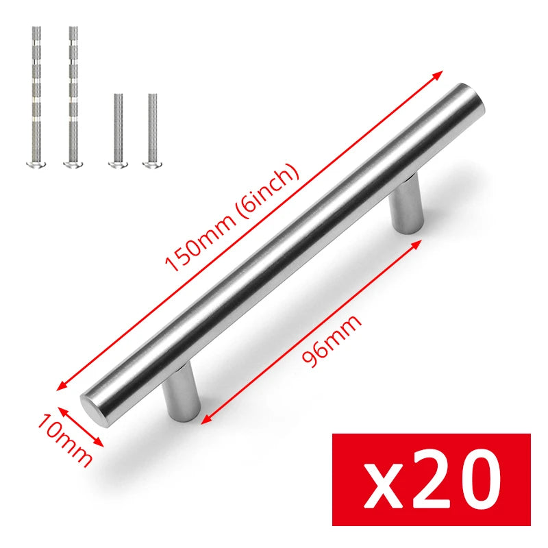 Maßzeichnung T-Bar Griff in Silber: Lochabstand 96 mm, Länge 150 mm, Ø 10 mm, mit Schrauben