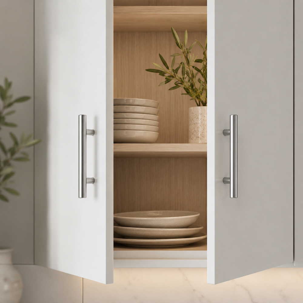 Geöffneter Schrank mit silbernen T-Bar Griffen