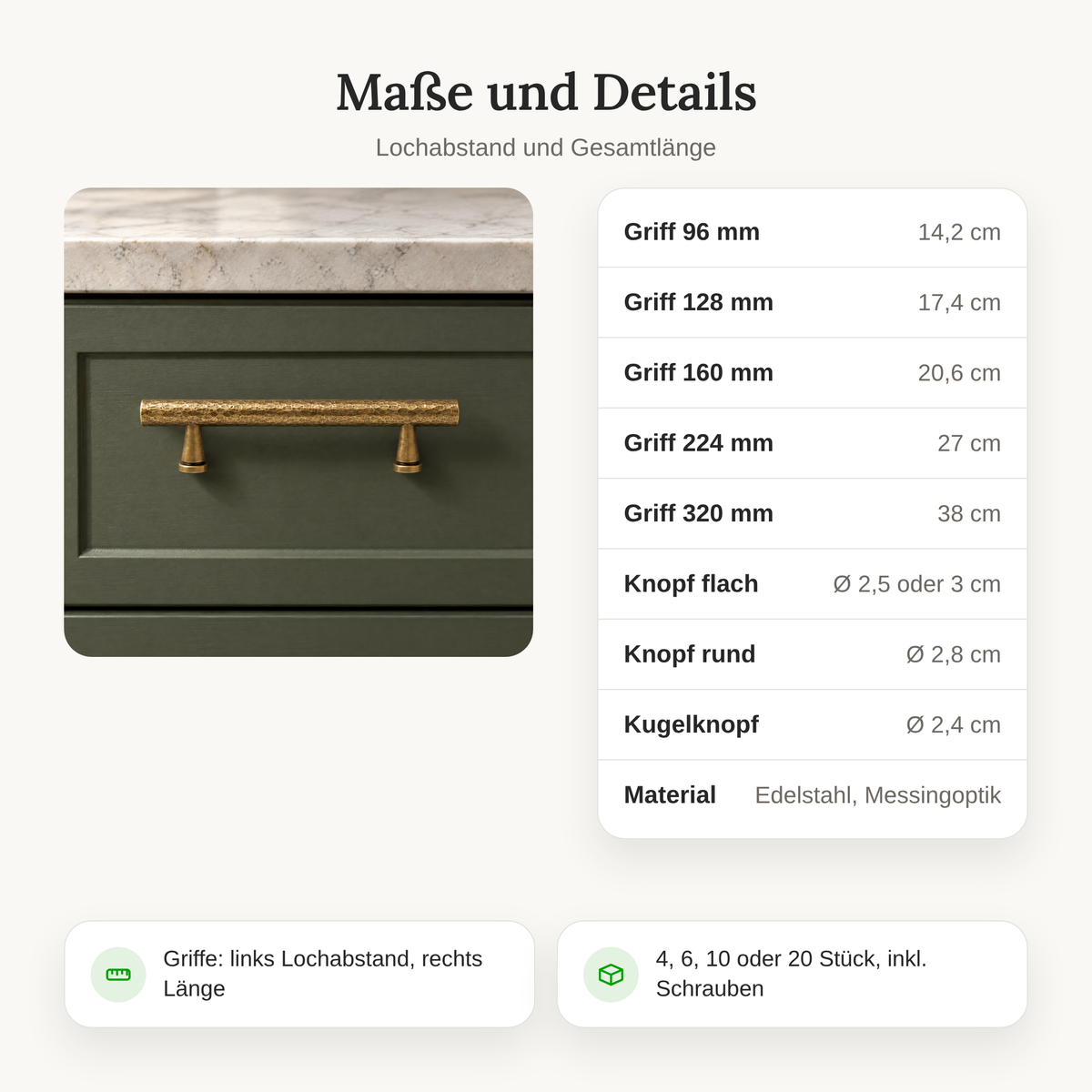 Maße der gehämmerten Möbelgriffe und Möbelknöpfe: Lochabstand 96 bis 320 mm, Knöpfe Ø 2,4 bis 3 cm