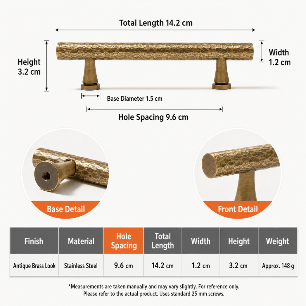Maßzeichnung gehämmerter Möbelgriff: Lochabstand 9,6 cm, Länge 14,2 cm, Höhe 3,2 cm
