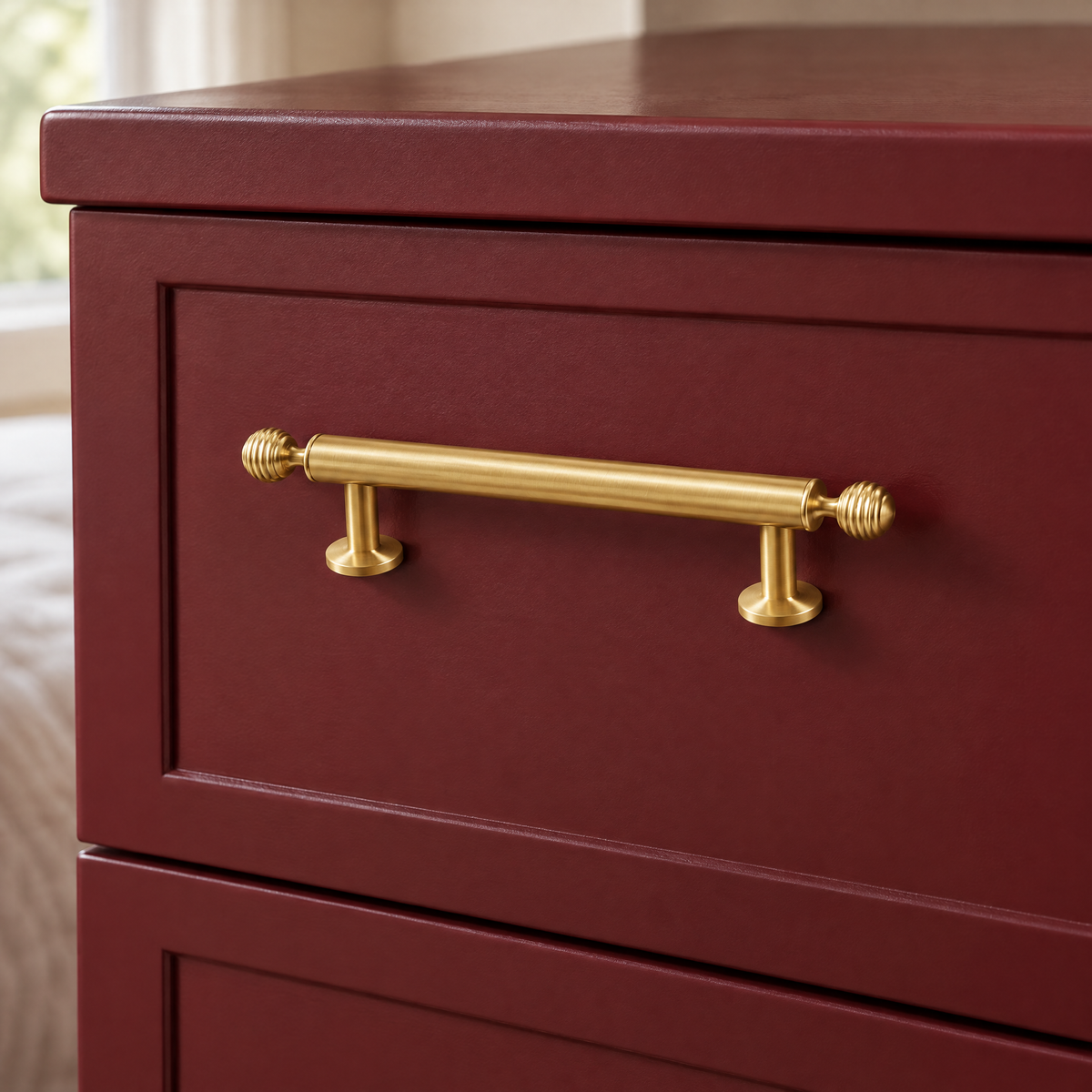Möbelgriffe Gold in Messingoptik mit Rillenkugeln an einer roten Kommode im Schlafzimmer