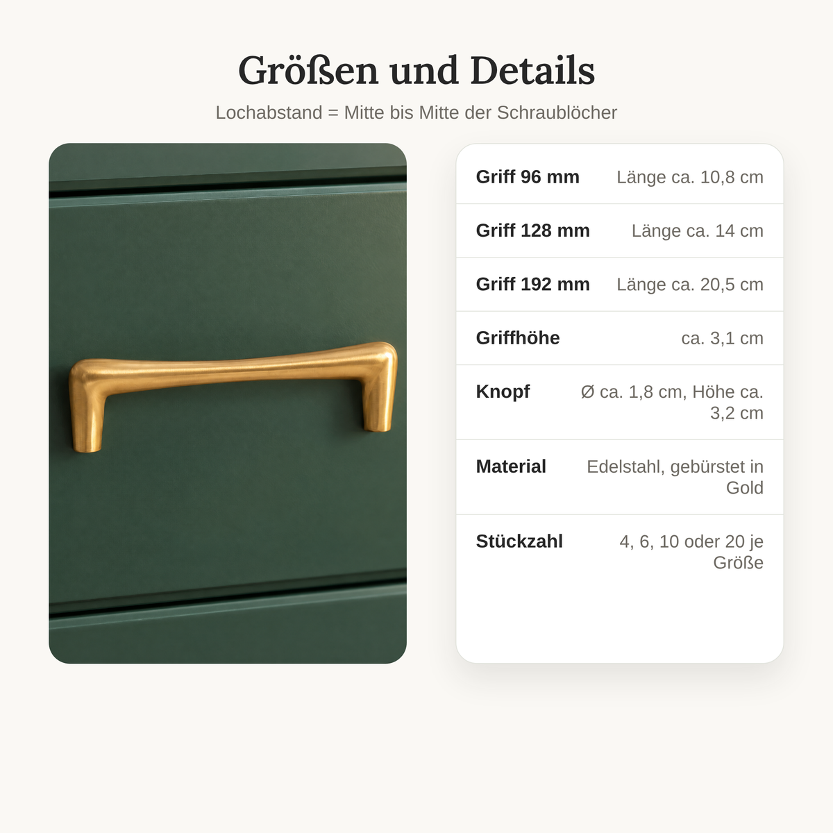 Größentabelle der Möbelgriffe Gold: Grifflängen 10,8, 14 und 20,5 cm, Knopf Ø 1,8 cm