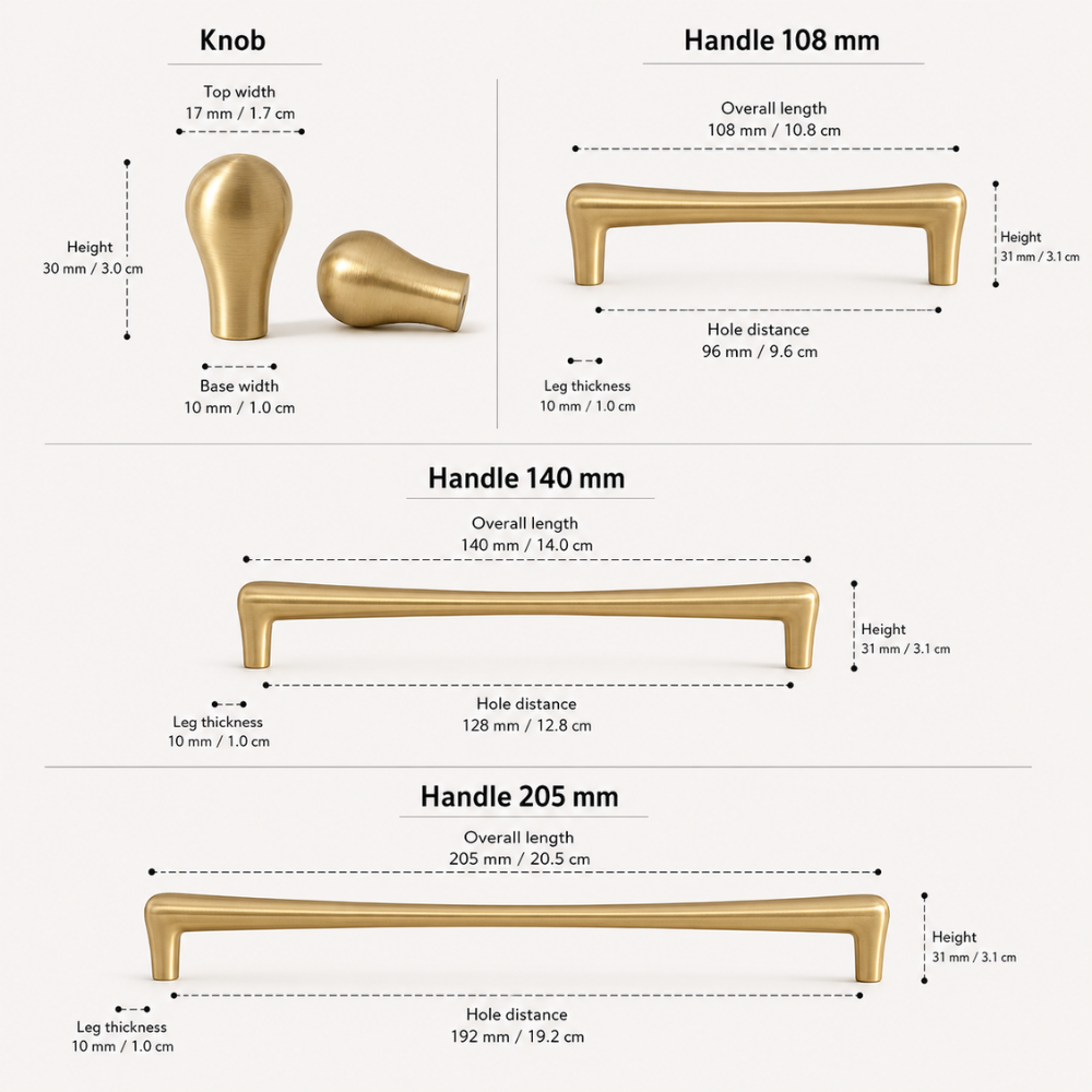 Maßzeichnung von Knopf und Griffen in Gold mit Lochabständen 96, 128 und 192 mm