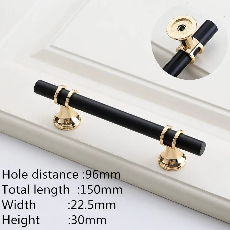 Möbelgriff Schwarz-Gold, Lochabstand 96 mm, Lieferantenfoto mit Maßangaben