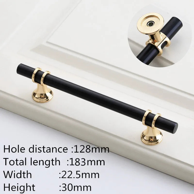 Möbelgriff Schwarz-Gold, Lochabstand 128 mm, Lieferantenfoto mit Maßangaben