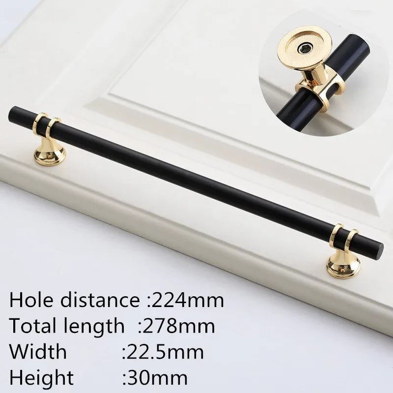 Möbelgriff Schwarz-Gold, Lochabstand 224 mm, Lieferantenfoto mit Maßangaben