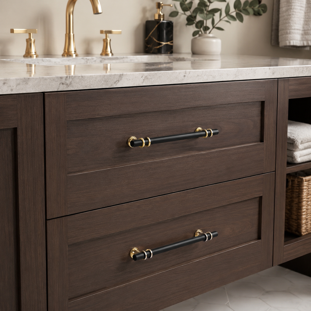 Schwarze Griffe mit Gold an einem Waschtisch aus dunklem Holz