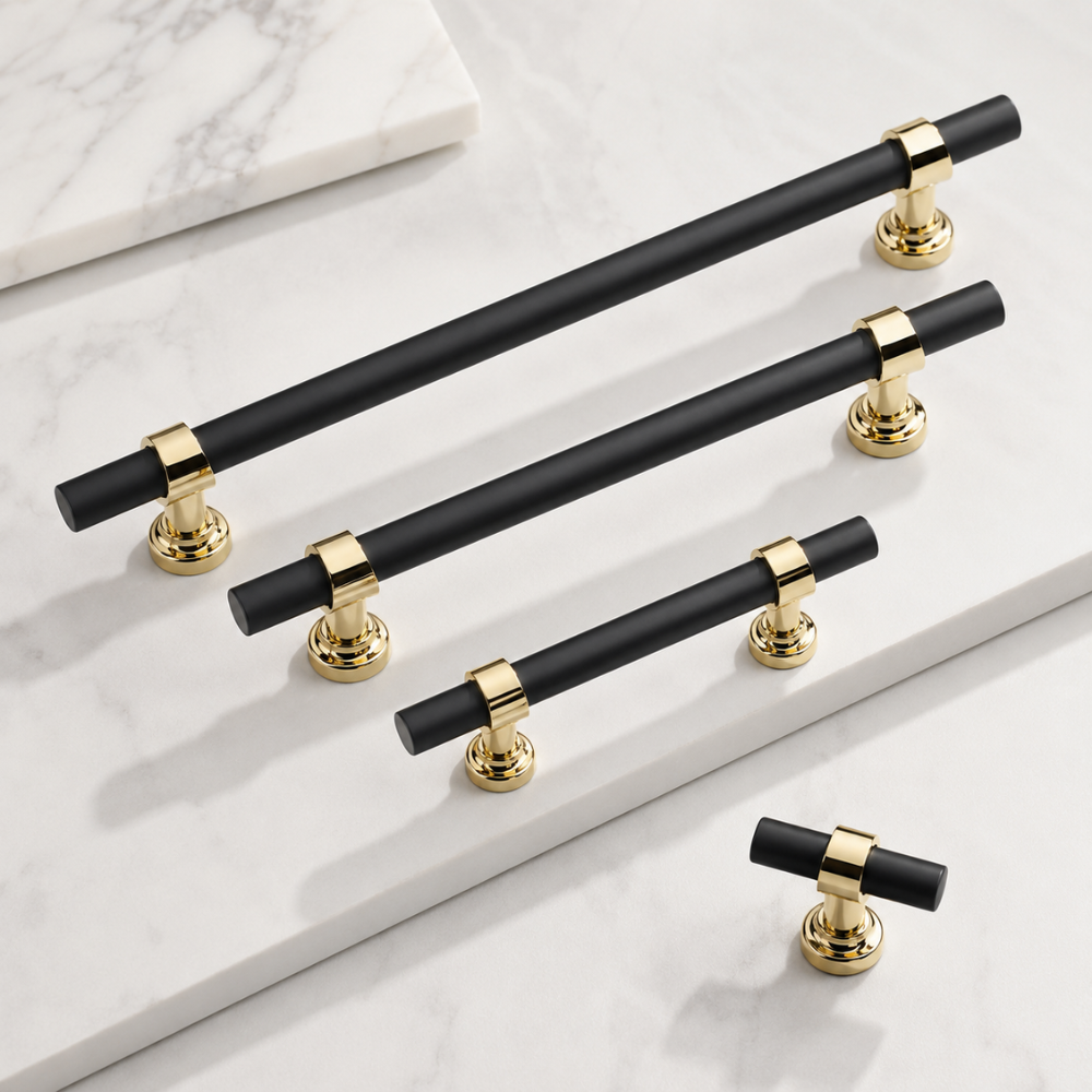 Schwarze T-Bar Griffe mit Gold in drei Längen und T-Knopf