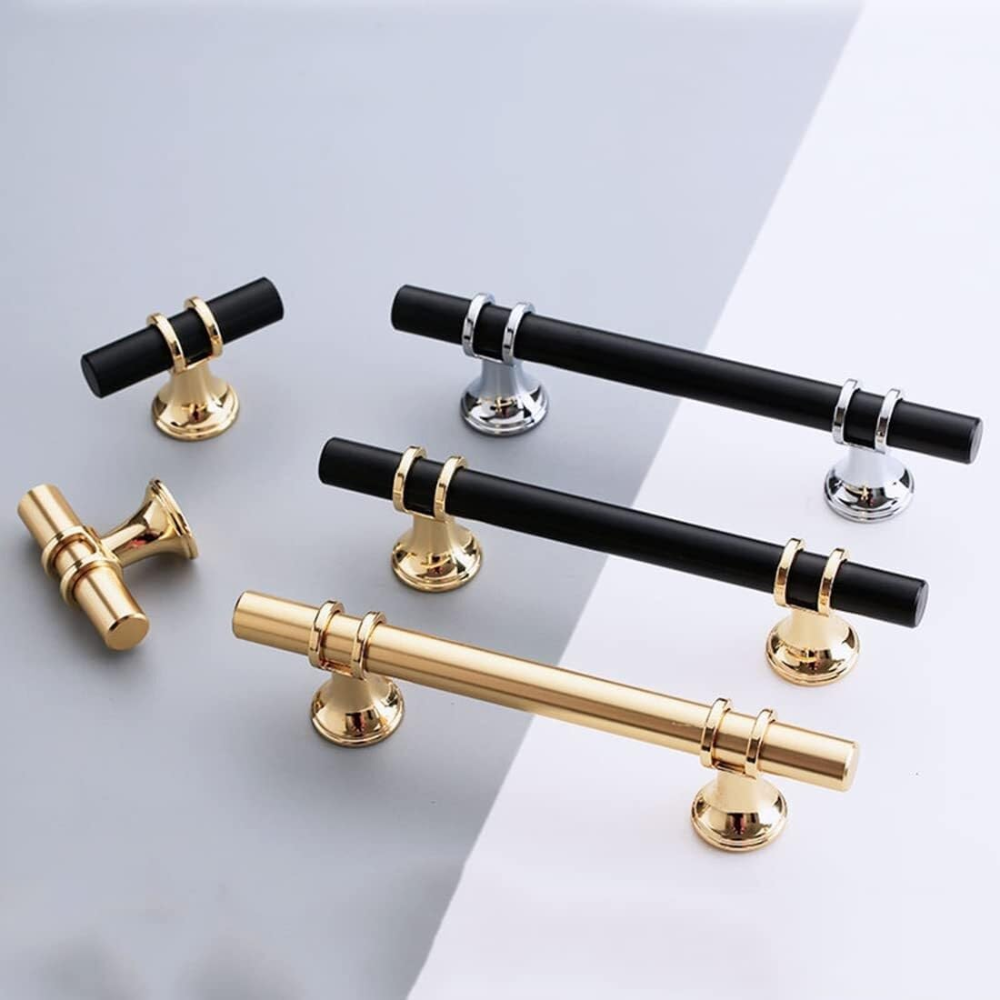 T-Bar Griffe und Knöpfe in Schwarz-Gold, Schwarz-Silber und Gold