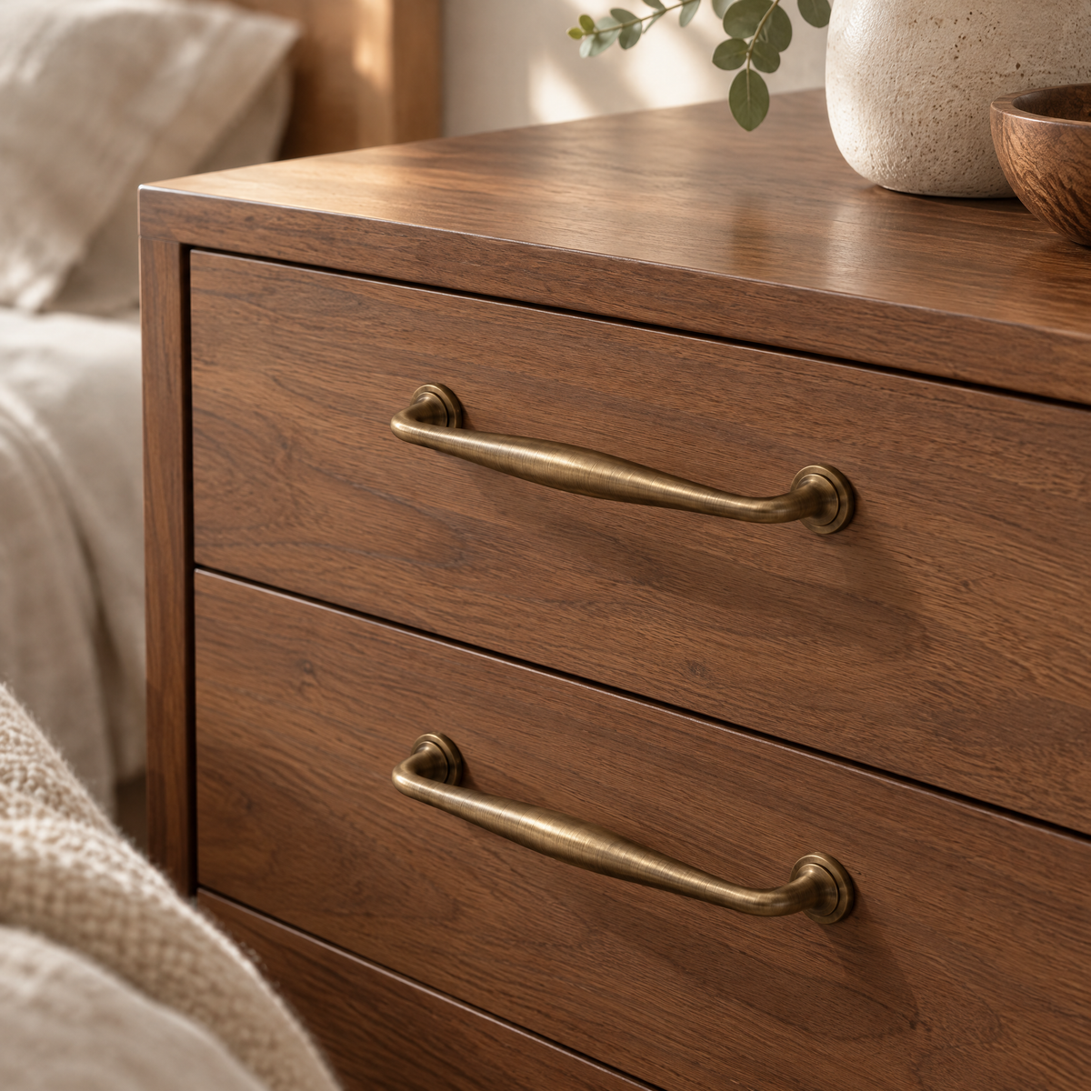 Geschwungene Möbelgriffe Vintage in Antikbronze-Optik an zwei Schubladen einer Nussbaum-Kommode im Schlafzimmer