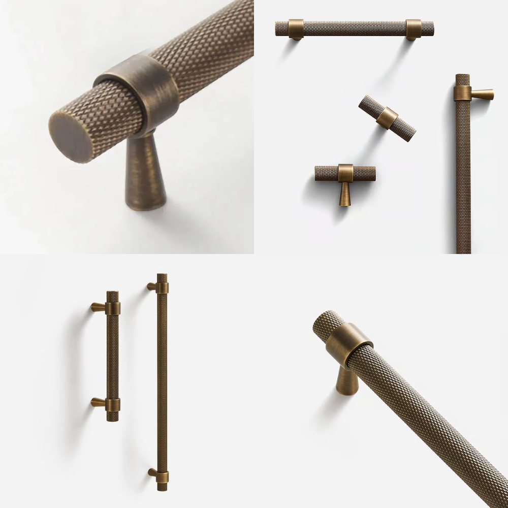 Detailansichten der Rändelgriffe und T-Knöpfe in Antikbronze-Optik
