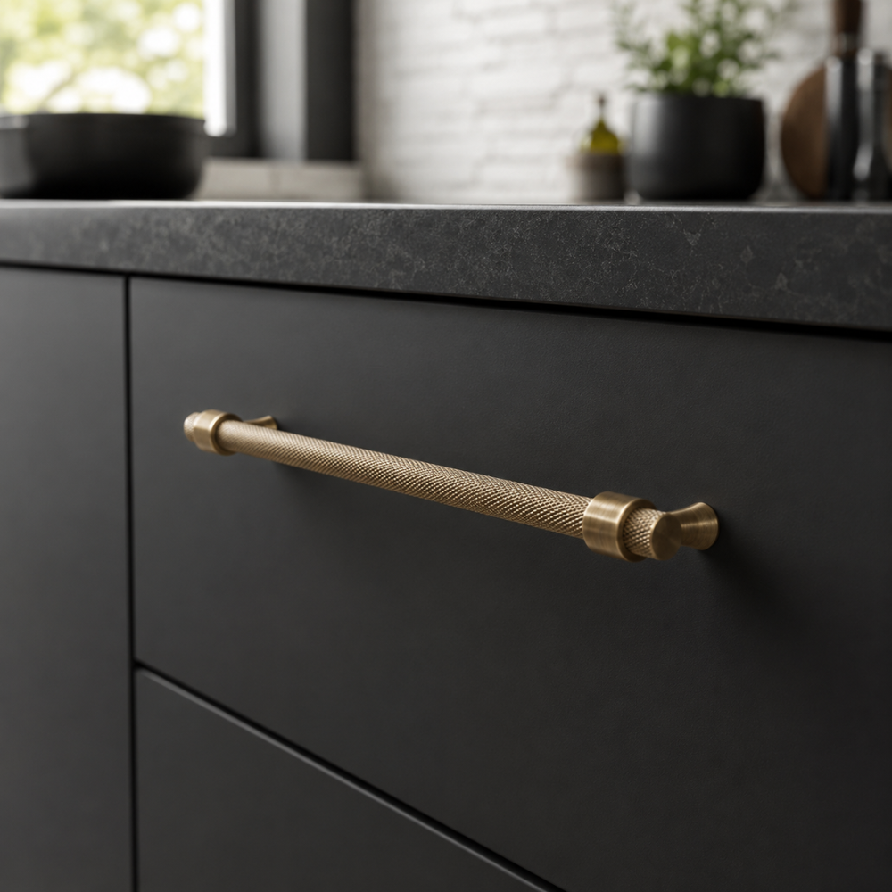 Rändelgriff in Antikbronze-Optik an einer schwarzen Küchenschublade
