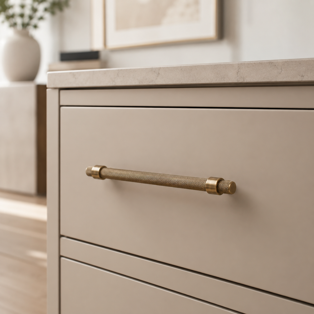Rändelgriff in Antikbronze-Optik an einer beigen Schublade