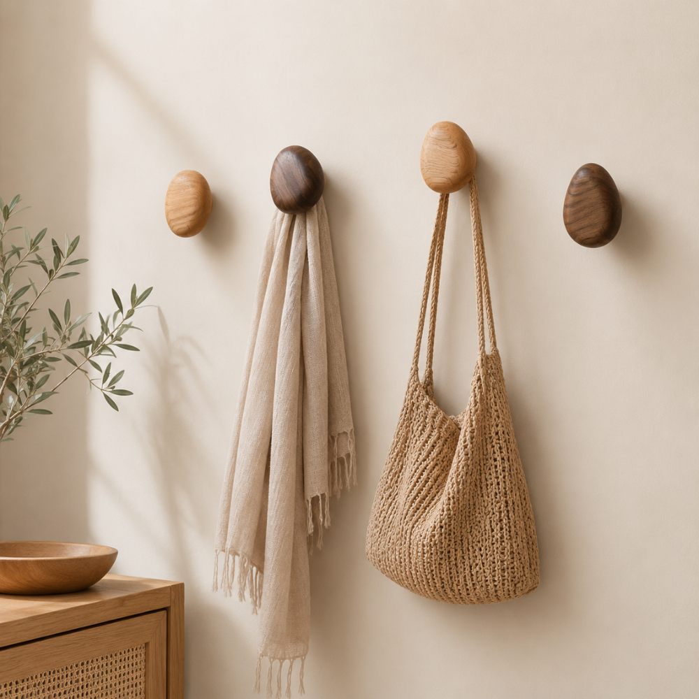 Holzknöpfe aus Buche und Nussbaum an der Wand mit Schal und Tasche