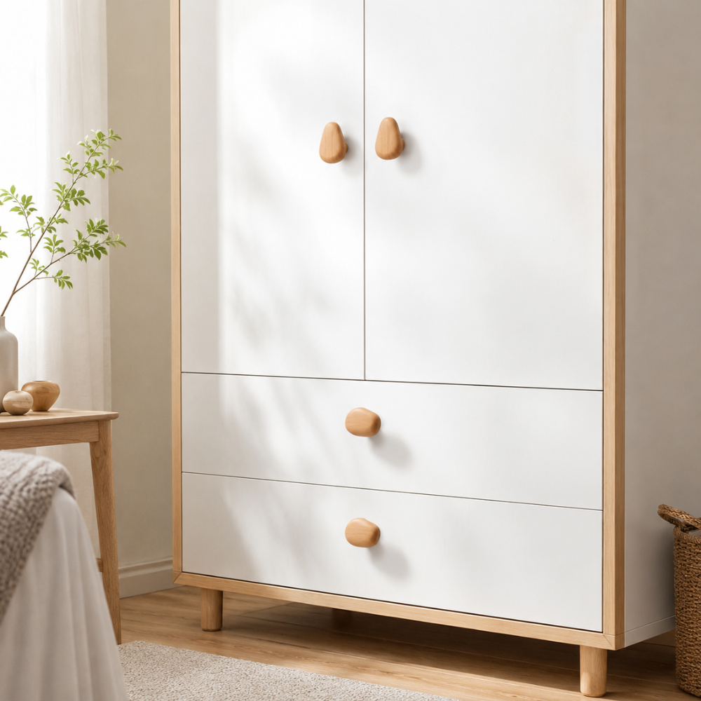 Weißer Schrank mit Möbelknöpfen aus Buche