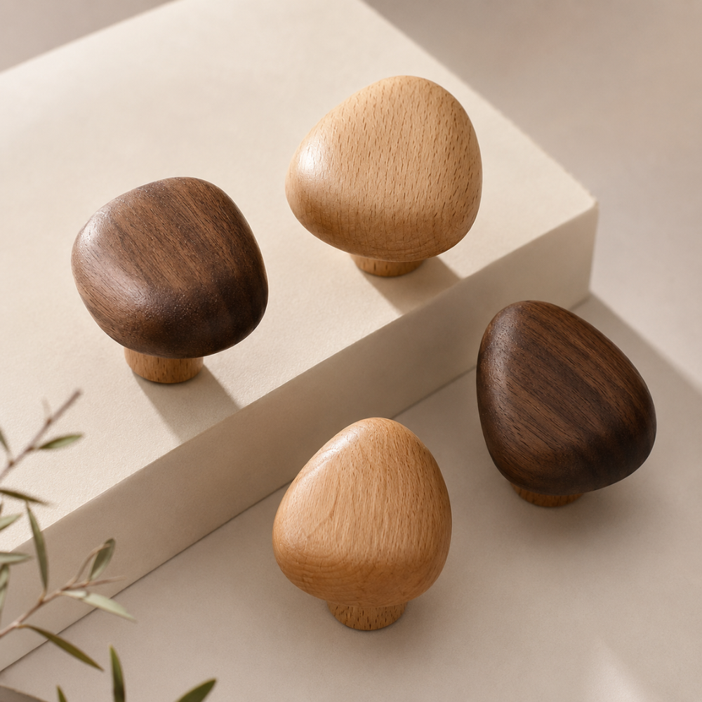 Möbelknöpfe Holz aus Buche und Nussbaum in Kieselstein-Form