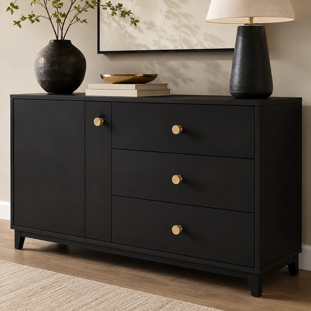 Schwarzes Sideboard mit goldenen Möbelknöpfen