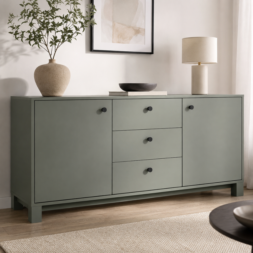 Salbeigrünes Sideboard mit silbernen Möbelknöpfen