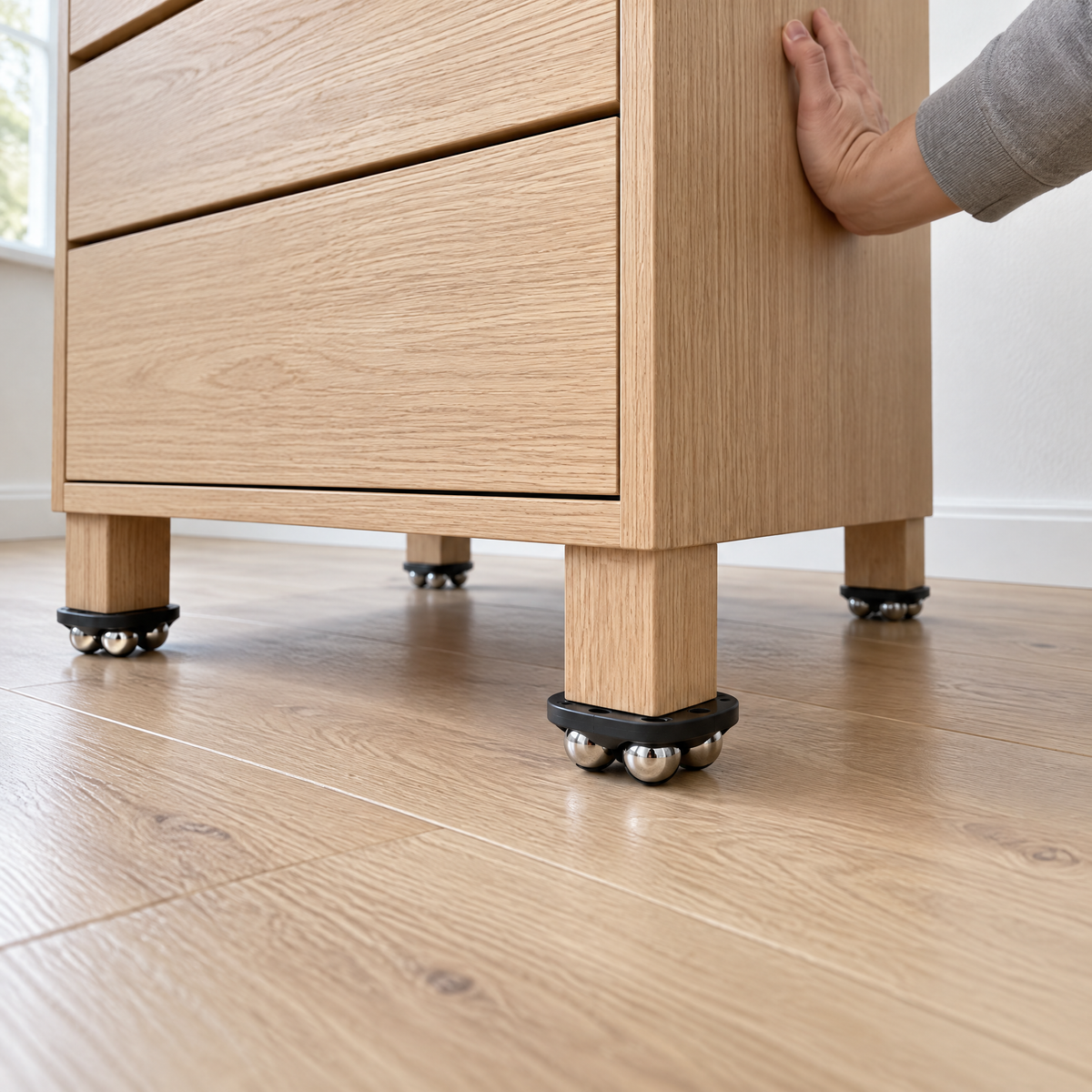 Kommode mit schwarzen Kugelrollen unter allen vier Beinen wird mit einer Hand von der Wand weggerollt