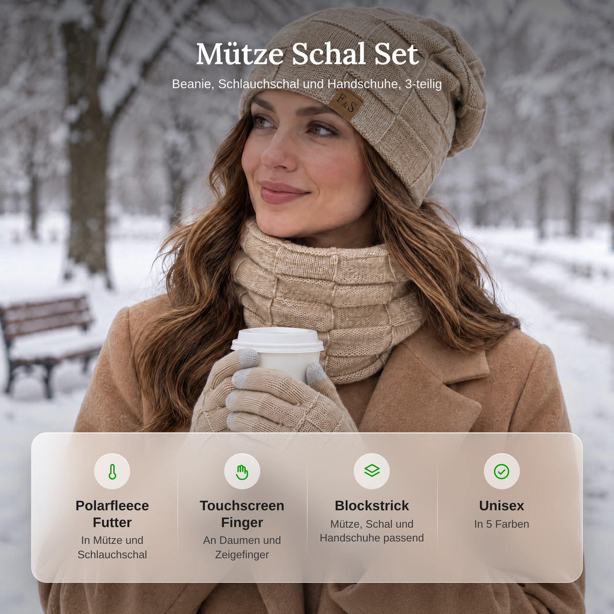 Vorteile des Mütze Schal Sets: Polarfleece Futter, Touchscreen Finger, Blockstrick, unisex in 5 Farben